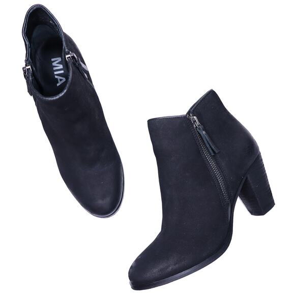 MIA Maddock Ankle Bootie Black Leather Stacked Heeled Side Zip Women's 6 - Picture 1 of 9
